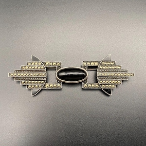 Vintage Art Deco Marcasite Black Onyx Sterling Silver Pin Brooch