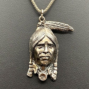 Vintage südwestlichen Sterling Silber Indianer Häuptling Kopf Anhänger Halskette 45 cm