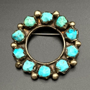 Vintage Zuni Native Turquoise Silver Brooch Pin