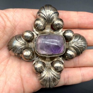 Vintage Mexiko Silber Amethyst Verziertes Blatt Motiv Pin Brosche