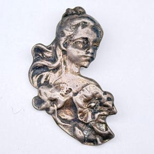 Vintage Art Nouveau Lady Girl Flower Sterling Silver Pendant Charm