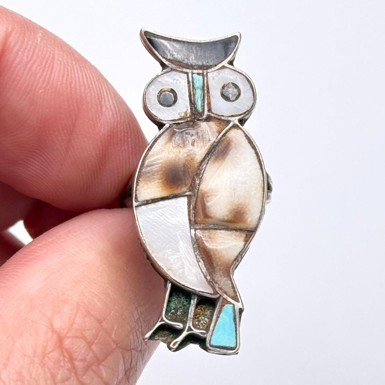 Vintage Zuni Native Owl Bird Turquoise Shell Inlay Silver Ring Size 5.5