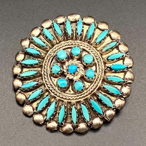 Vintage Zuni Native Turquoise Silver Brooch Pin Pendant