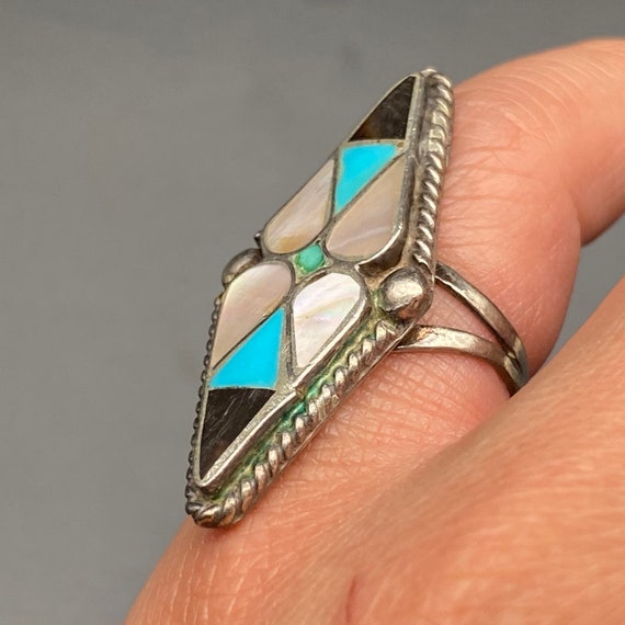 Vintage Zuni Native Turquoise MOP Inlay Silver Ri… - image 6
