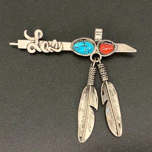Vintage Navajo Native Les Feather Turquoise Coral Sterling Silver Pin Brooch