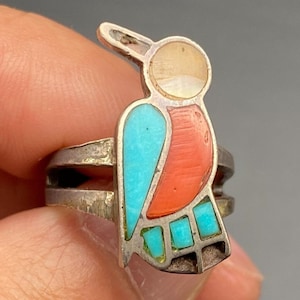 Vintage Zuni Native Bird Turquoise Coral MOP Silver Ring Size 5