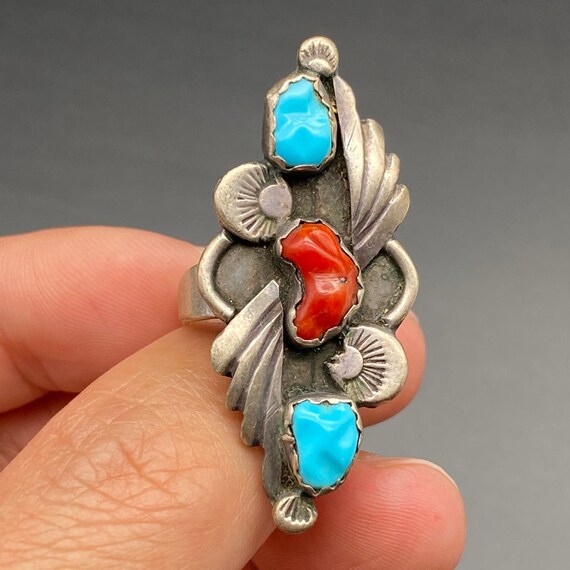 Vintage Southwestern Turquoise Coral Silver Ring … - image 1