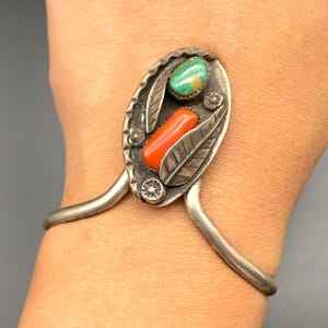 Vintage Navajo Native Türkis Koralle Silber Armband Manschette Klein 6-1/4 &quot;