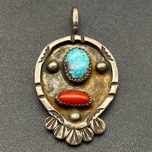 Vintage Navajo Native Turquoise Coral Silver Pendant