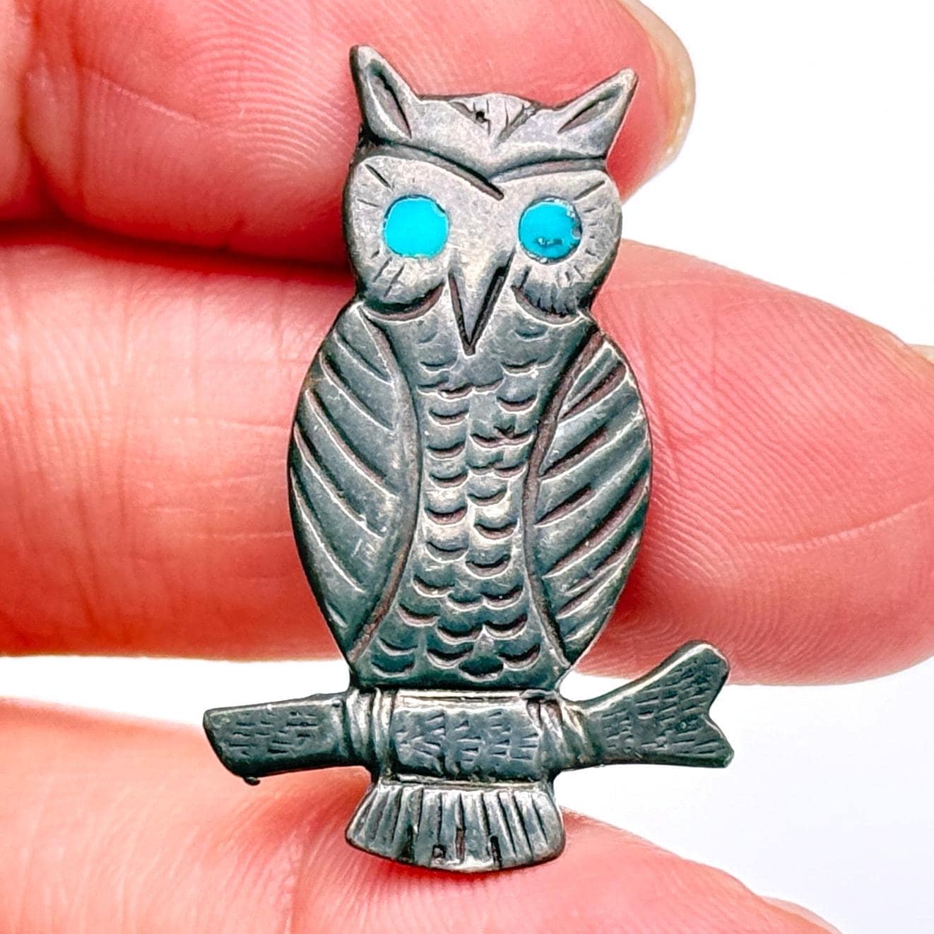 Vintage Navajo Native Owl Bird Turquoise Silver Pin Brooch