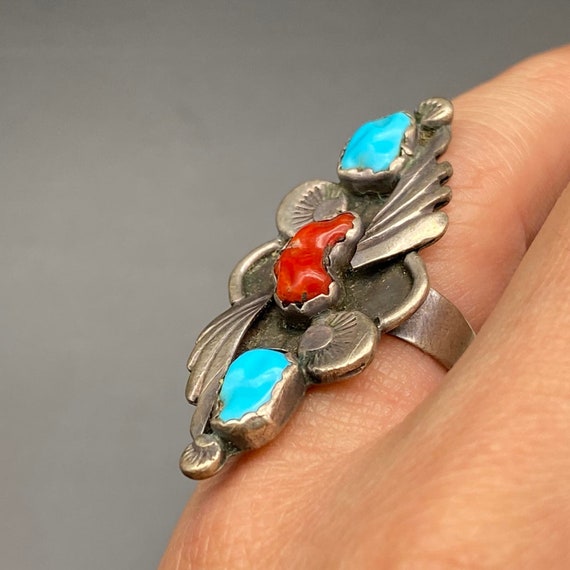 Vintage Southwestern Turquoise Coral Silver Ring … - image 6