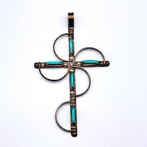 Vintage Zuni Native Cross Needlepoint Turquoise Silver Pendant