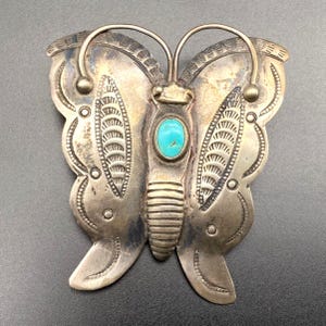 Spilla vintage con stampa a mano in argento turchese a forma di farfalla nativa Navajo