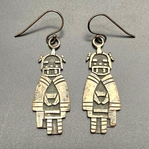 Vintage Hopi Native Marcus Lomayestewa Kachina Dangle Silver Earrings