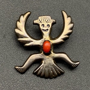 Vintage Navajo Native Kachina Coral Sandcast Sterling Silver Brooch Pin