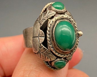 Vintage Mexico Poison Ring Green Onyx Sterling Silver Box Adjustable Size 8.75