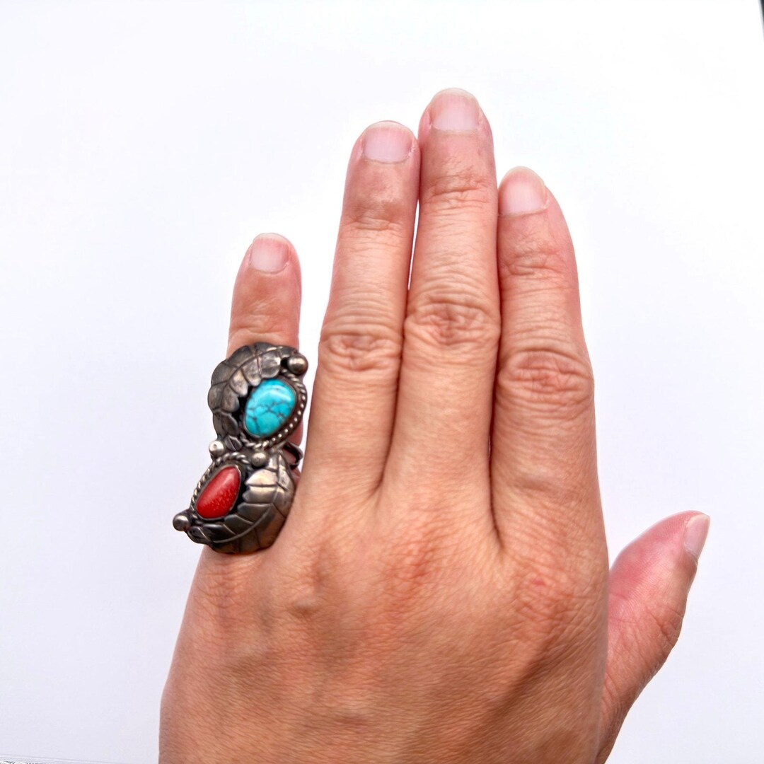 Vintage Navajo Native Turquoise Coral Silver Ring Size 6 - Etsy