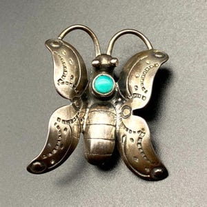 Spilla vintage con stampa a mano in argento turchese a forma di farfalla nativa Navajo