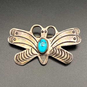 Spilla vintage Navajo Native Butterfly Turchese con timbro a mano in argento