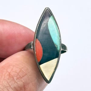 Vintage Zuni Native Turquoise Coral MOP Inlay Silver Ring Size 6