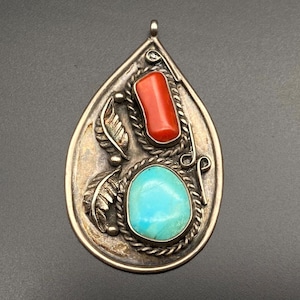 Vintage Navajo Native Turquoise Coral Silver Pendant