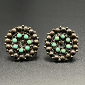 Vintage Turquoise Cluster Mexico Sterling Silver Screw Back Earrings