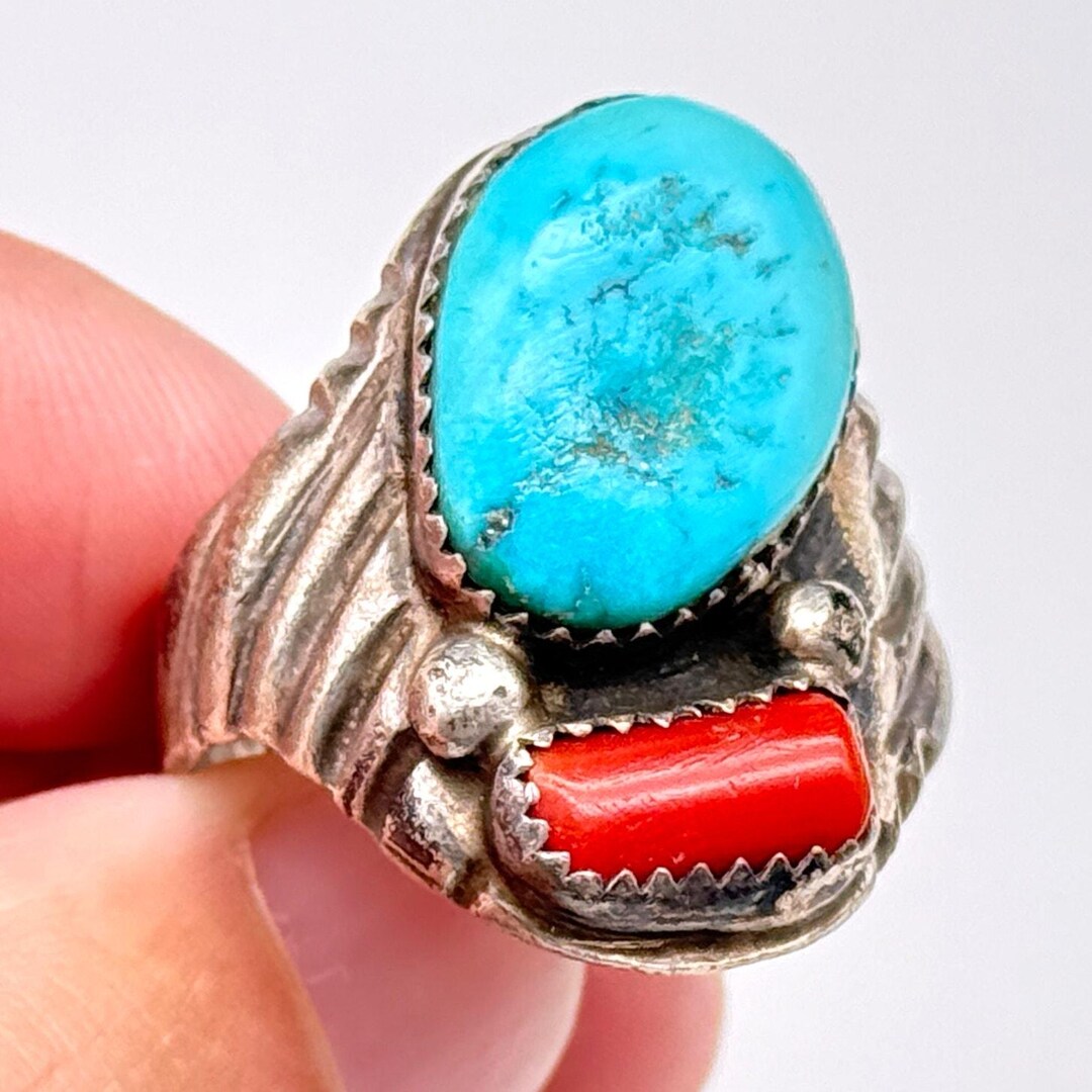 Vintage Navajo Native Turquoise Coral Sterling Silver Ring Size 10.75 ...