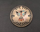 Vintage Southwestern Sterling Silver Thunderbird Turquoise Coral Brooch Pendant