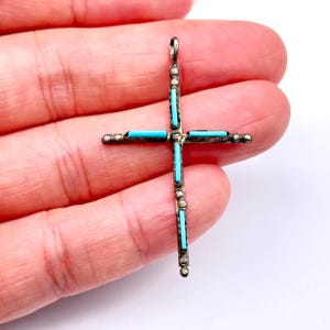 Vintage Zuni Native Cross Needlepoint Turquoise Silver Pendant