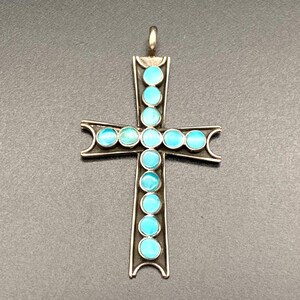 Vintage Zuni Native Turquoise Inlay Cross Silver Pendant