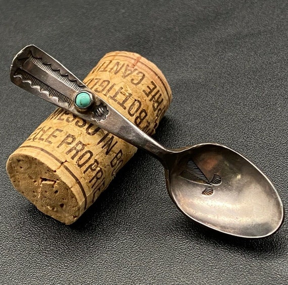 Vintage Navajo Turquoise Spoon Hand Stamped Sterl… - image 1