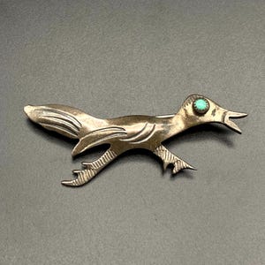 Broche vintage Navajo Native Roadrunner oiseau turquoise argent