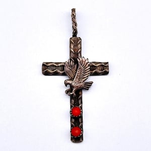 Vintage Navajo Native Coral Eagle Cross Silver Pendant