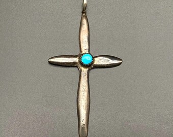 Pendentif Vintage Croix Turquoise Amérindienne - Alliage - Bijou Ethnique Occasion