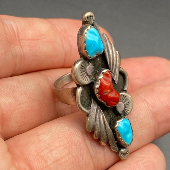 Vintage Southwestern Turquoise Coral Silver Ring … - image 7