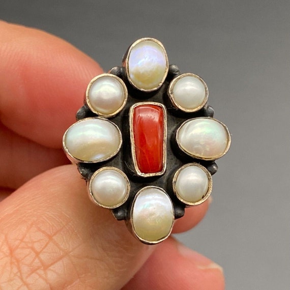Vintage Pearl Coral Sterling Silver Ring Adjustab… - image 1