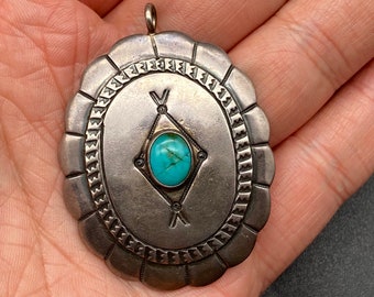 Vintage Navajo Turquoise Hand Stamped Concho Sterling Silver Pendant
