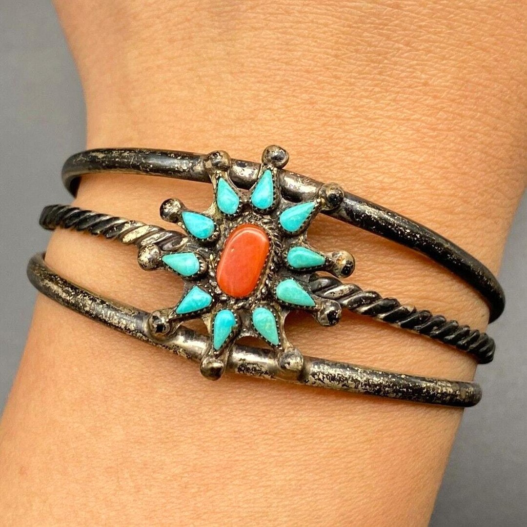 Vintage Navajo Native Turquoise Coral Silver Bracelet Cuff 6-1/2" - Etsy