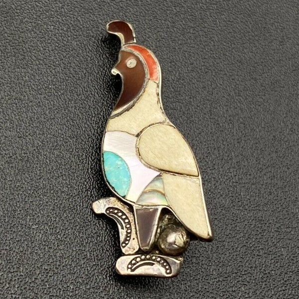 Vintage Zuni Quail Bird Turquoise Coral MOP Hand Stamped Silver Brooch Pendant