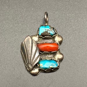 Petite Vintage Navajo Native Turquoise Coral Silver Pendant