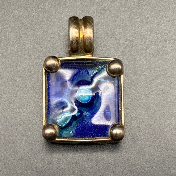 Vintage Blue Glass Sterling Silver Pendant - image 1