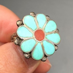 Vintage Zuni Native Flower Turquoise Coral Silver Ring Size 6.5