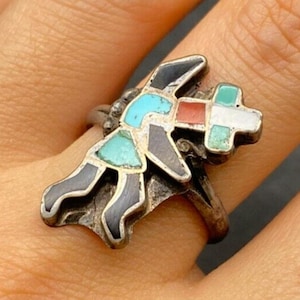 Petite Vintage Zuni Native Kachina Turquoise MOP Coral Silver Ring Size 7