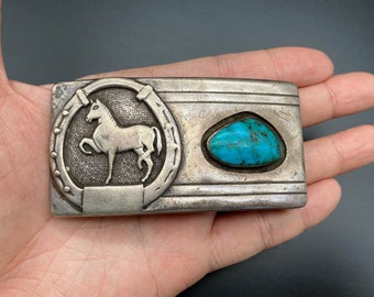 Vintage Southwestern Horse Turquoise Sterling Silver Belt Buckle 1-1/2"