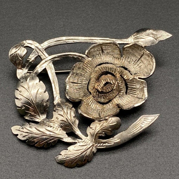 Vintage Floral Flower Hand Made Sterling Silver Pin Brooch