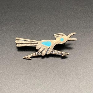 Vintage Navajo Roadrunner Vogel Türkis Silber Brosche Anstecknadel