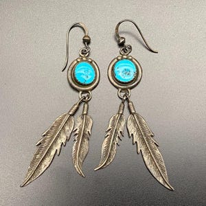 Vintage Navajo Native Feather Turquoise Sterling Silver Dangle Earrings