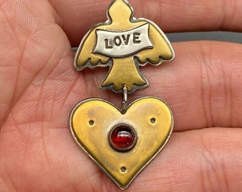 Vintage Paoletti pájaro amor corazón metales mixtos plata Tac Pin