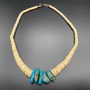 Vintage Southwestern Turquoise Shell Heishi Silver Necklace 16&quot;