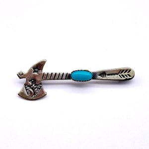 Vintage Southwestern Tomahawk Thunderbird Turquoise Sterling Silver Brooch Pin